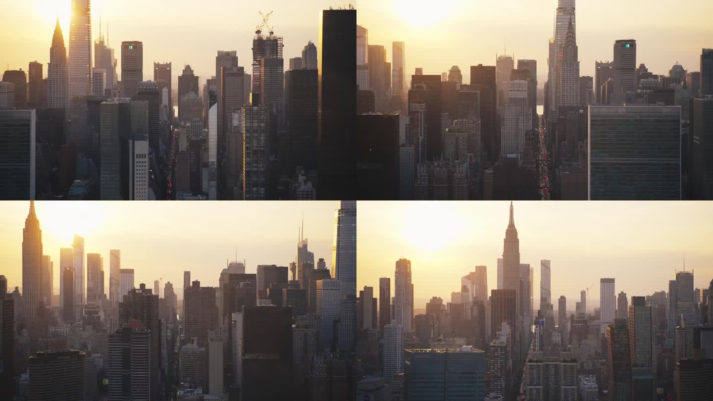 日落风景与曼哈顿市区。历史和现代纽约市摩天大楼，繁忙的街道与交通，新建筑正在建设中。多样化的大城市生