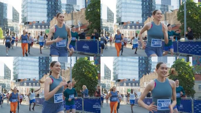 不同人群白天在城市跑马拉松的慢动作。在朋友和家人的支持下，积极和健康微笑的女性跑步者竞争到达终点线