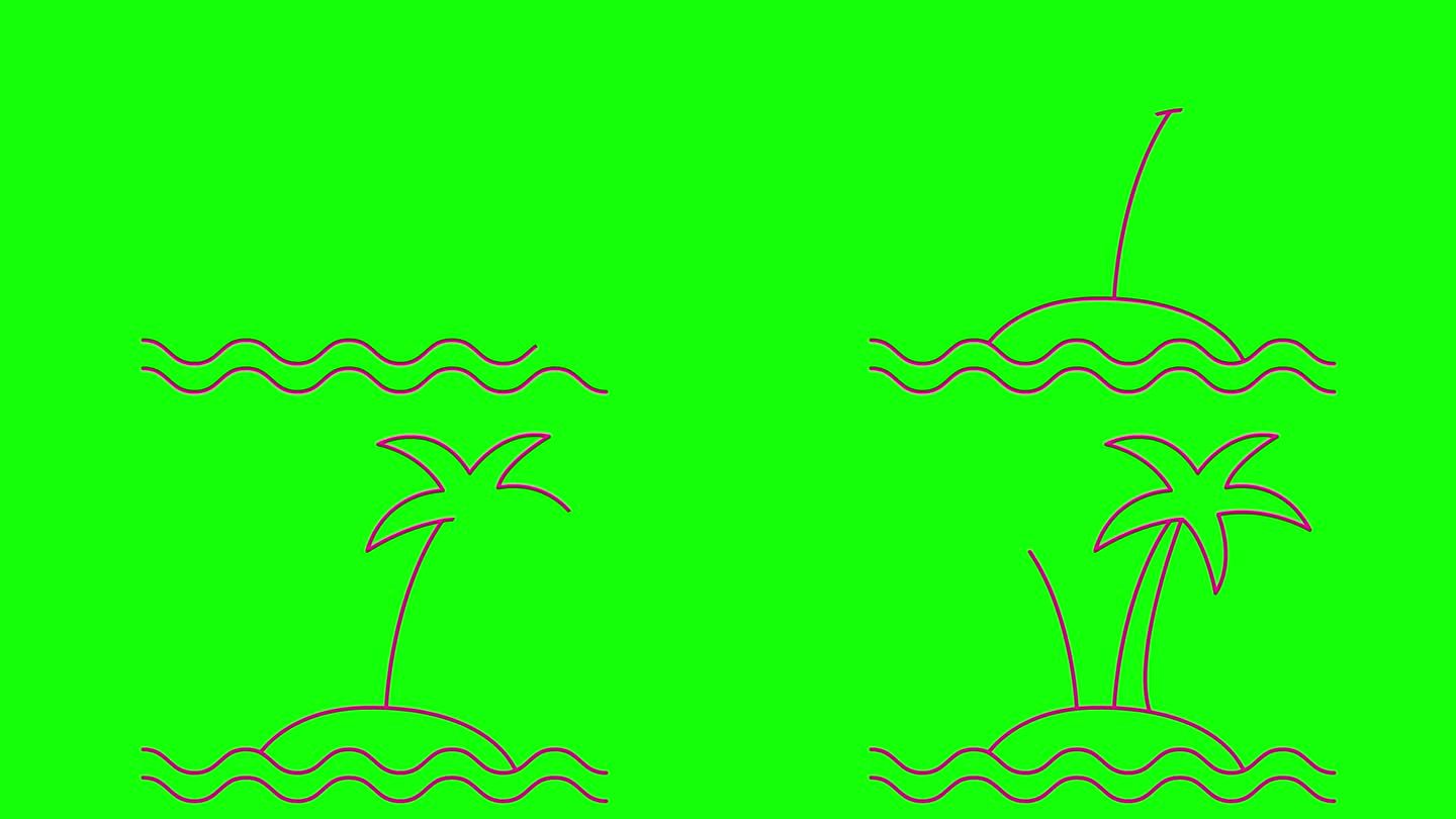 动画线性图标的两个品红树的棕榈树在岛上的波浪。粉红色的符号是逐渐绘制的。旅游、旅游、度假的概念。矢量