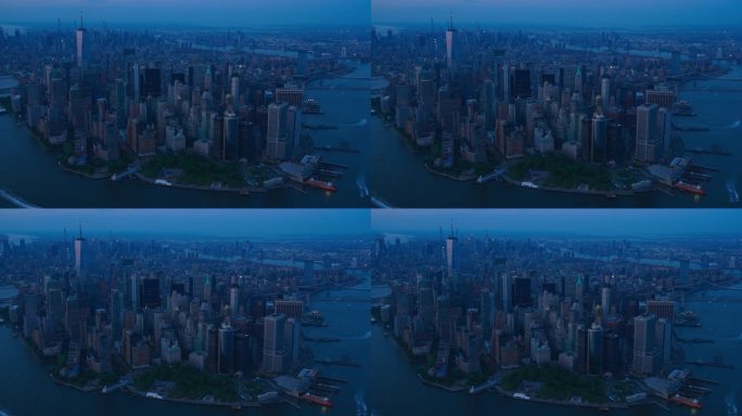 曼哈顿下城建筑的鸟瞰图。从直升机上拍摄华尔街金融区全景。哈德逊河和东河水运附近的办公楼
