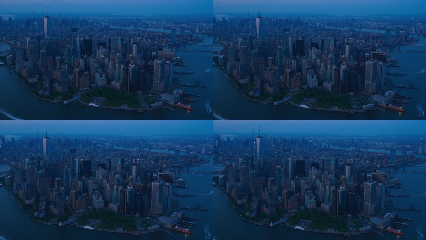 曼哈顿下城建筑的鸟瞰图。从直升机上拍摄华尔街金融区全景。哈德逊河和东河水运附近的办公楼