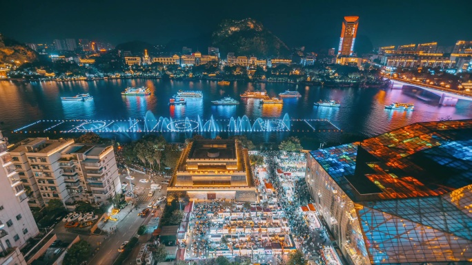 柳州风情港美食街与柳江喷泉夜景延时摄影