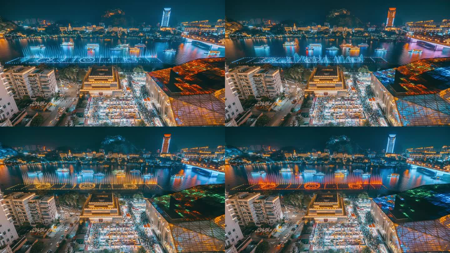 柳州风情港美食街与柳江喷泉夜景延时摄影