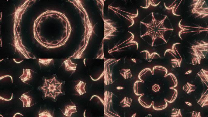 发光的万花筒背景，迷幻的万花筒序列图案，花曼陀罗，改变几何形状变形形式