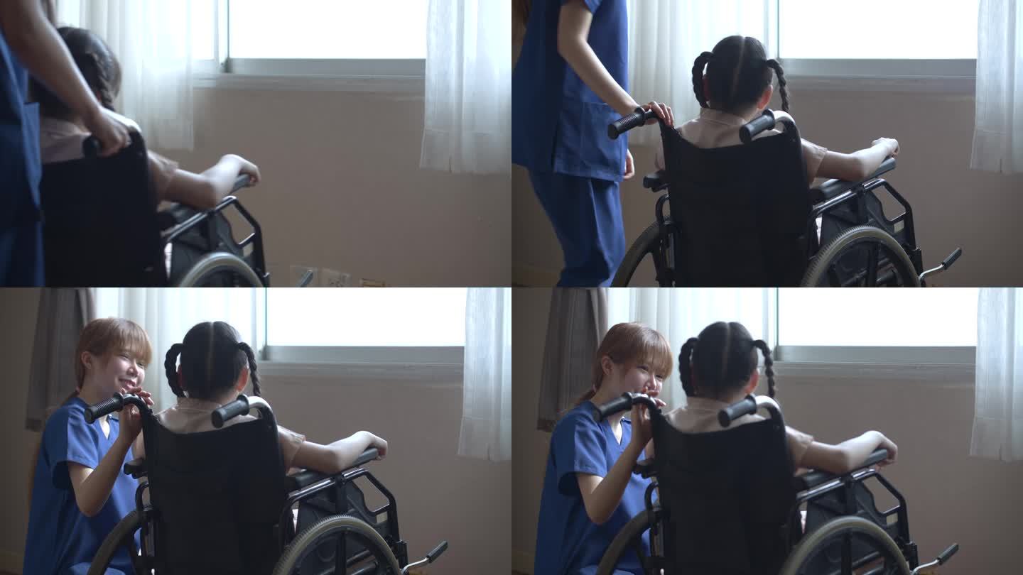 亚洲女护士推着窗边轮椅上的小女孩病人