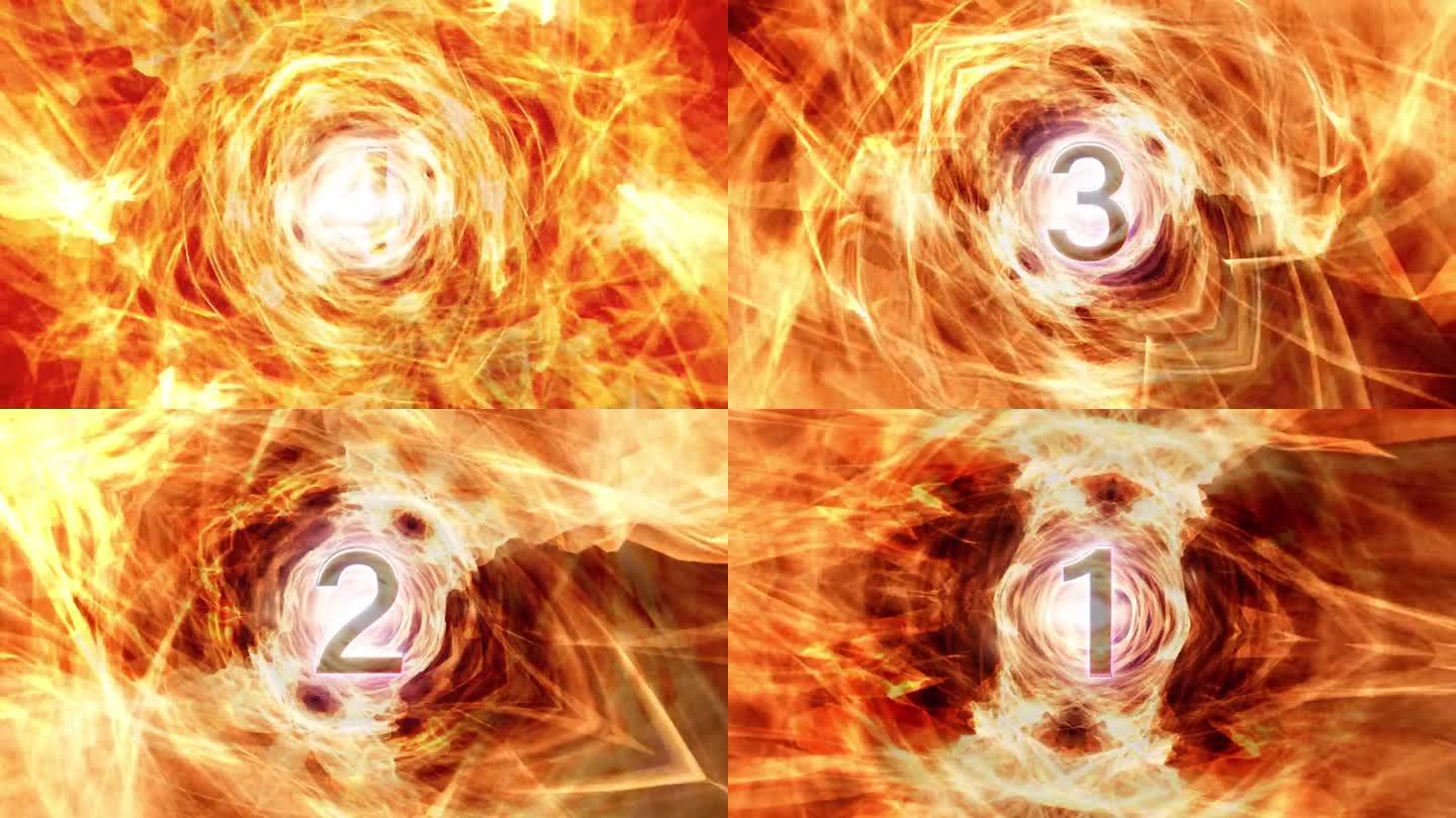 五秒倒数计时器与橙红色火焰火焰能量隧道动画背景。五到零倒数艺术效果计数定时器科幻背景。
