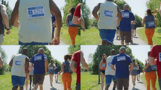 慢动作后视图:一群不同的人参加马拉松和穿过公园小径的肖像。活跃的老年人与年轻的慢跑者竞争，保持健康