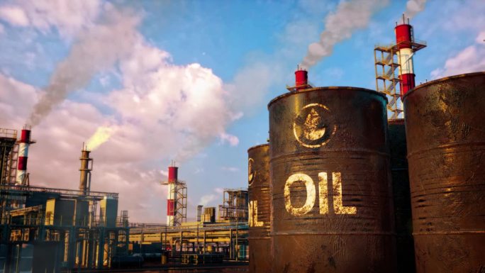 炼油工业设施上的桶装天然石油，虚构的循环视频