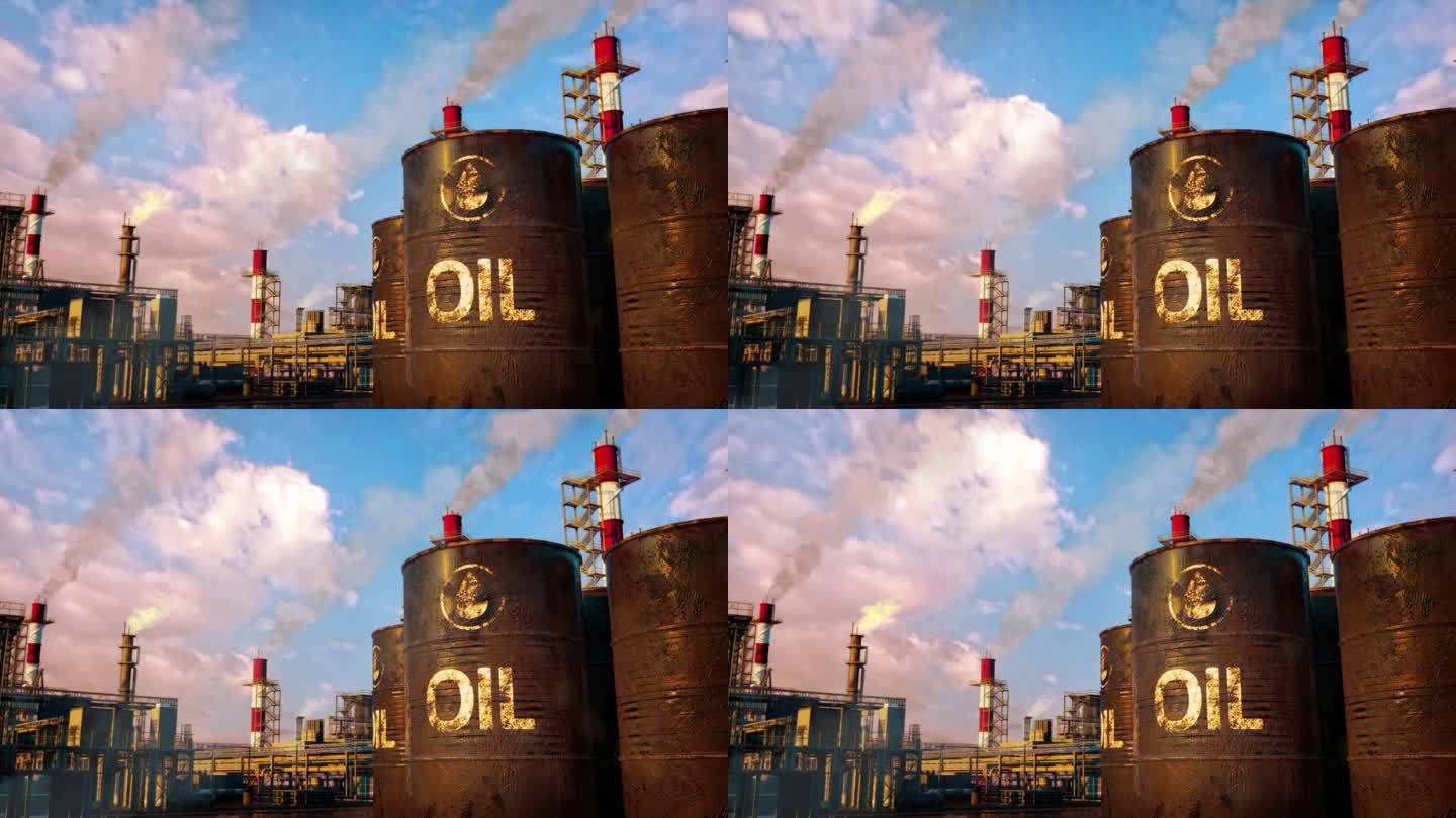 炼油工业设施上的桶装天然石油，虚构的循环视频