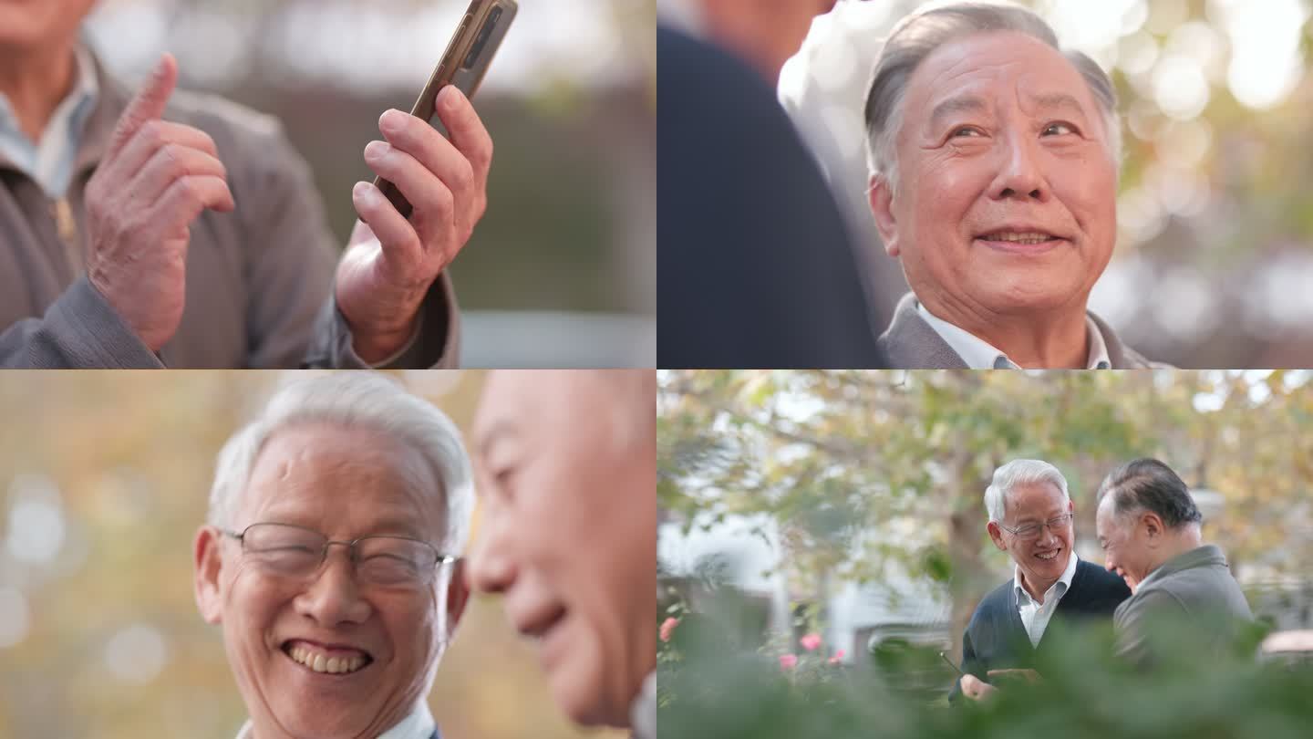 4K公园里两位老人看手机开心交流