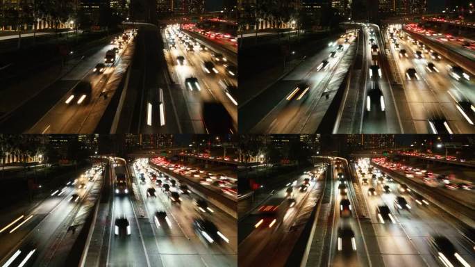 美国加利福尼亚州Pan R 110高速公路上洛杉矶市中心交通堵塞的夜间拍摄