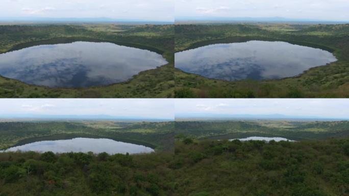 非洲乌干达西部艾伯丁裂谷伊丽莎白女王国家公园的火山口湖。空中落后