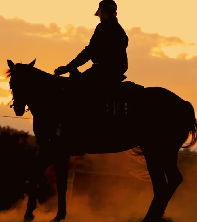 剪影年轻的男性牧场主坐在马和纺纱在橙色的天空下，夕阳沙牧场-垂直