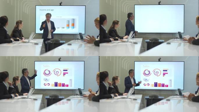 4K高级商人在董事会会议室的电视上展示信息图表数据