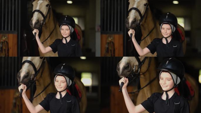 一个孩子把马从马厩里牵出来训练，参加马术运动