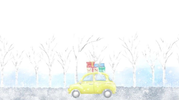 水彩循环动画，一辆黄色汽车载着礼物行驶在白雪皑皑的林荫大道上。