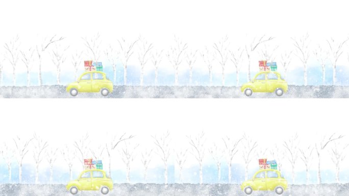水彩循环动画，一辆黄色汽车载着礼物行驶在白雪皑皑的林荫大道上。