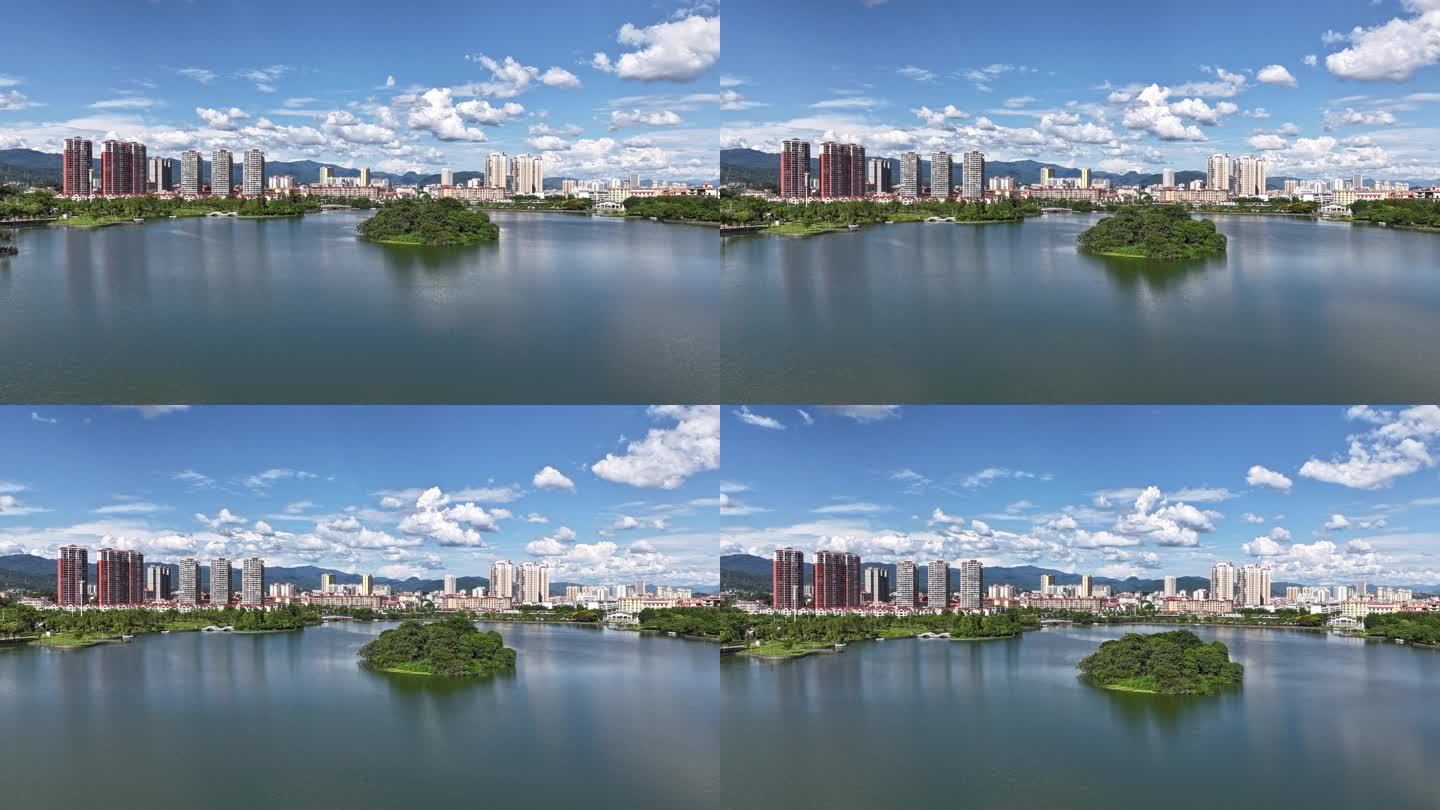 蓝天白云下的城市湿地公园美景延时视频
