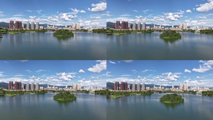 蓝天白云下的城市湿地公园美景延时视频