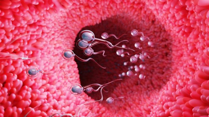 男性精液中的精子在性交后直接进入卵泡。做人类交配。卵子和精子之间的受精前模型。三维渲染