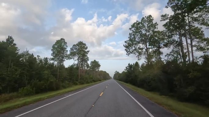 驾驶员在黎明的时候，沿着一望无际的空旷笔直的道路穿过松林，天空中有一块块浮云