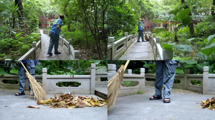 清晨清洁工扫地 扫树叶 城市保洁