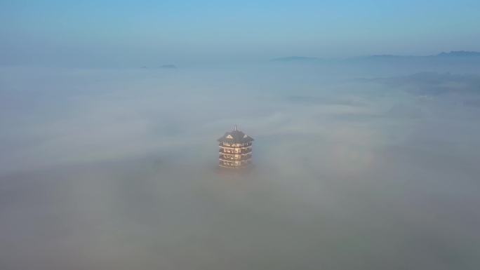 贵州中国茶海景区观海楼平流雾云海航拍
