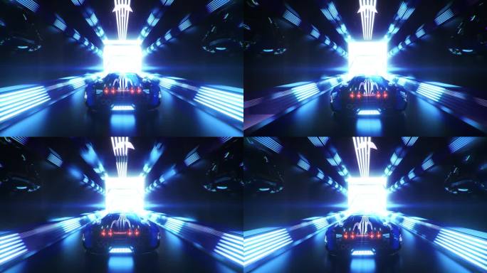 汽车高速驶过一条无穷无尽的霓虹灯技术隧道.未来主义概念。3D无缝循环动画