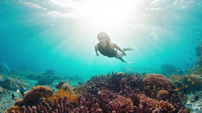 性感女人在暗礁上自由潜水。年轻健康的女性自由潜水员在水下游过印度尼西亚巴厘岛努沙佩尼达岛附近健康的珊