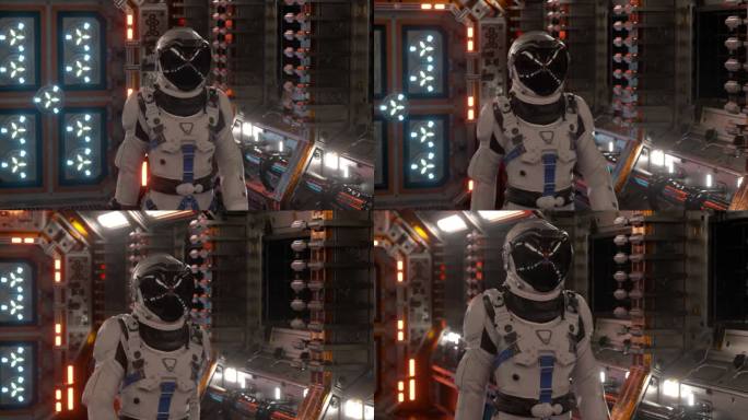 宇航员在宇宙飞船隧道中行走，科幻穿梭走廊。3D动画