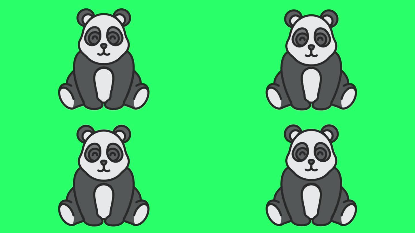 动画熊猫坐在绿色背景上。