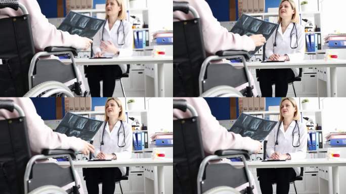 放射科医生检查了一位坐在轮椅上的妇女，并对她的脊柱进行了x光检查