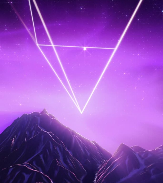 80年代复古的未来主义循环。旋转金字塔，极光，山地景观。紫色。垂直视频。