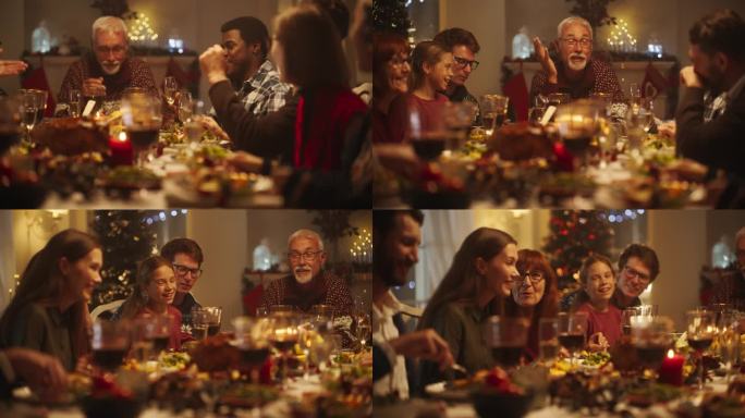 各种各样的亲戚和朋友围坐在餐桌后面，享用美味的饭菜和快乐的冬季装饰。快乐的大家庭，愉快的交谈，享受一