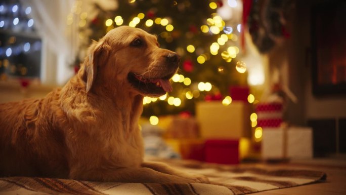 可爱的纯种金毛猎犬在一个下雪的冬夜里享受温暖:一只狗在一棵装饰着彩灯和礼物的圣诞树旁平静地休息的画像