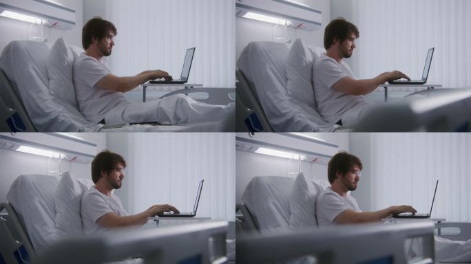 病人躺在床上，用笔记本电脑远程工作