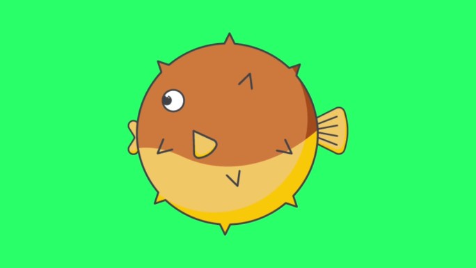 动画橙色河豚鱼在绿色背景。