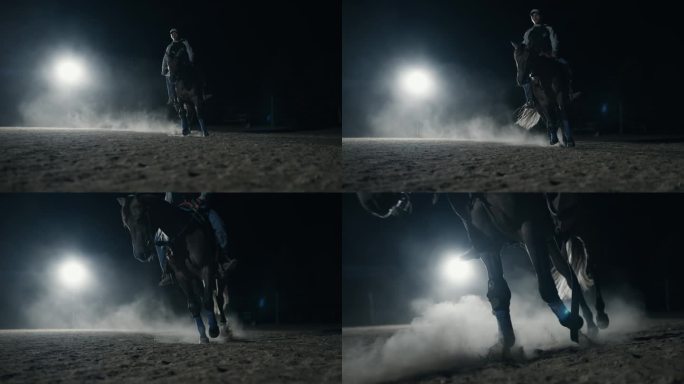 在黑暗的夜晚，年轻的牧场主骑着马在桑迪牧场上疾驰