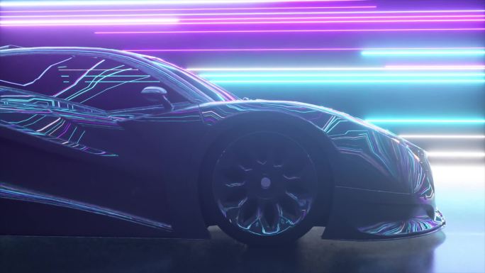 未来主义概念。跑车的背景是发光的霓虹灯线.红色霓虹灯激光。无缝循环3D动画