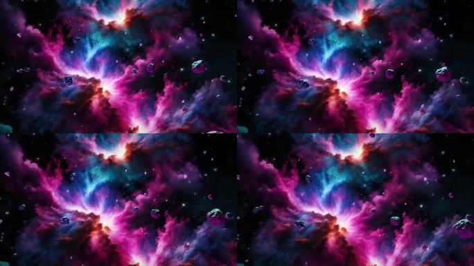 太空旅行抽象外星粉蓝色星云银河系在深空与许多太空岩石电影抽象为科幻背景。4K 3D无缝循环科幻太空飞