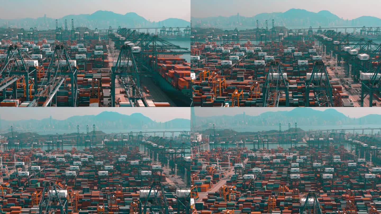 香港-2018年5月1日: 现代港口集装箱码头鸟图。进出口、商务物流。港口起重机和大型船舶.