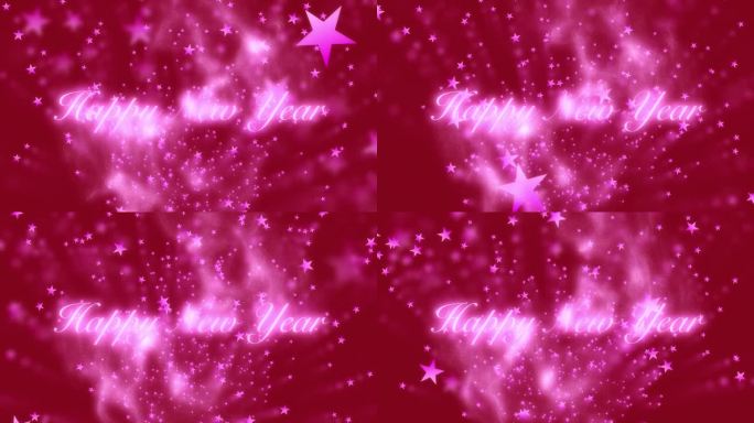 新年快乐，粉红色的星星飞向红色背景的镜头。抽象的画面。运动图形。