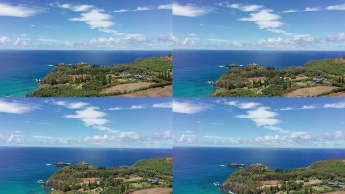夏威夷群岛最北端的考艾岛上的基拉韦厄角和基拉韦厄灯塔的空中全景上升镜头。4K