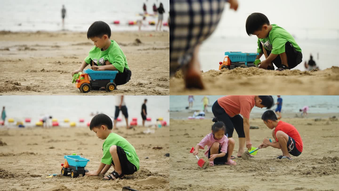 海边赶海沙滩挖沙子的孩子