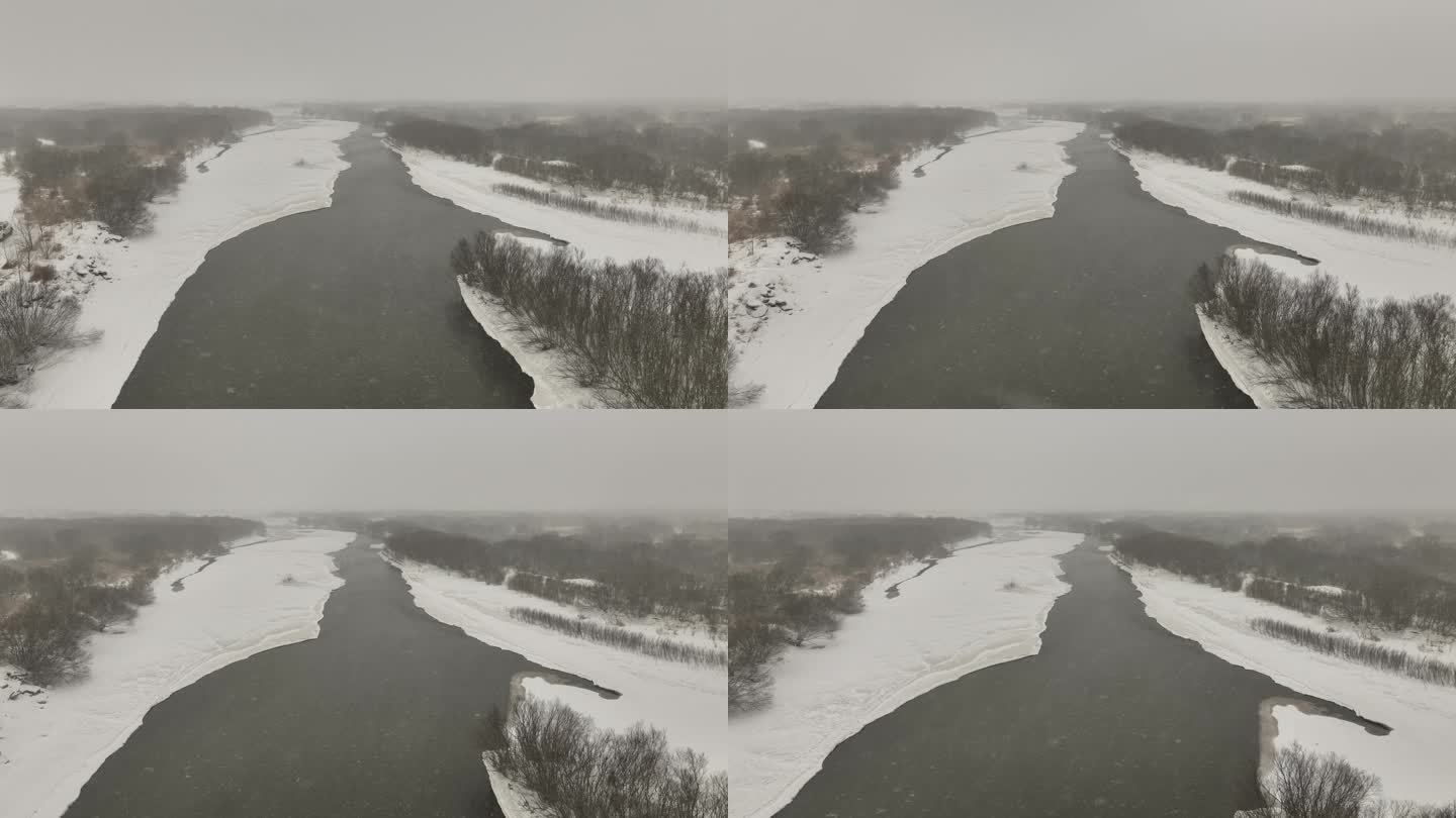 呼伦贝尔湿地不冻河初春风雪交加