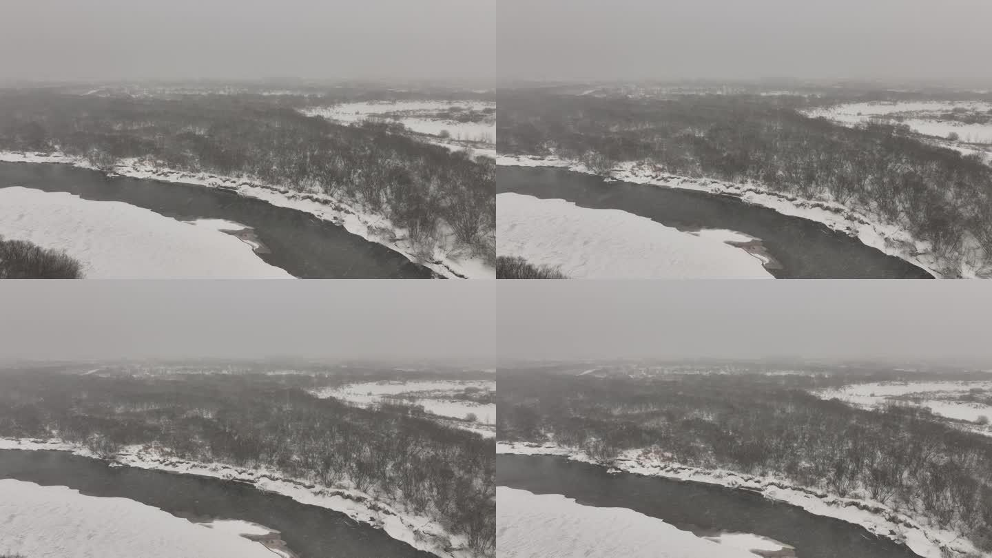 海拉尔河湿地不冻河风雪交加