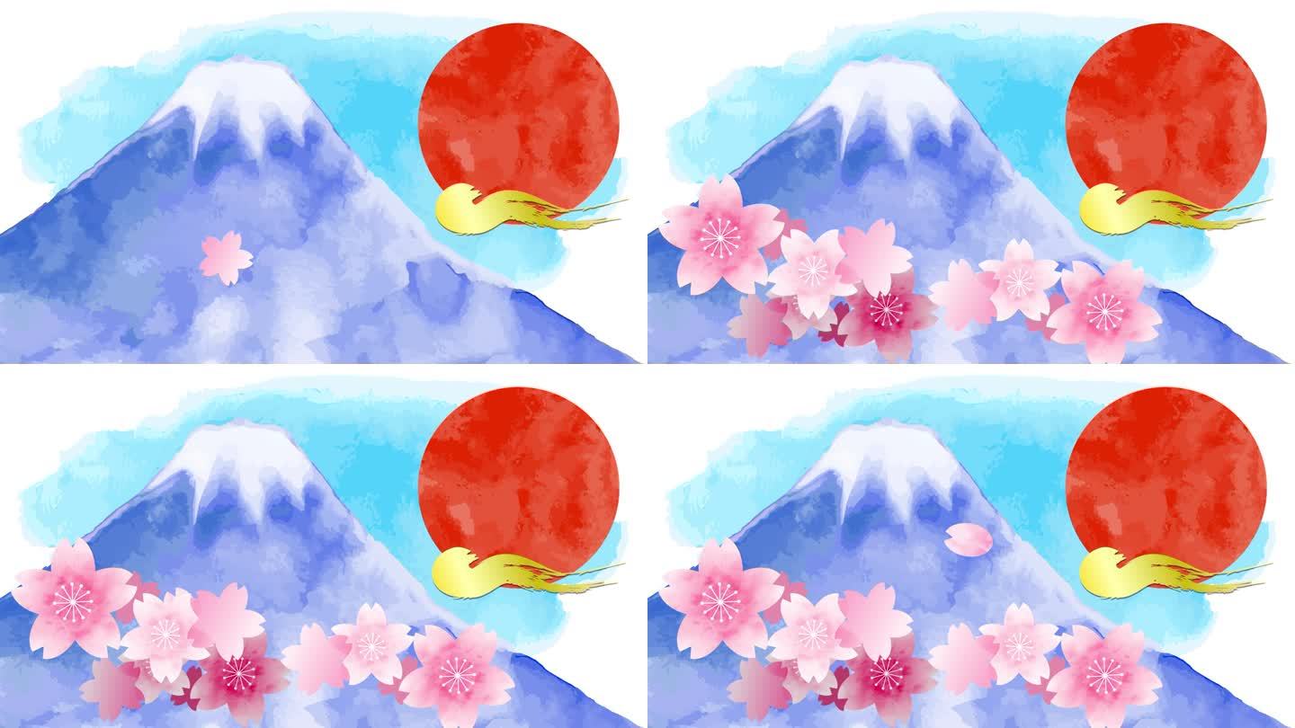 水彩画富士山和樱花拜年2024