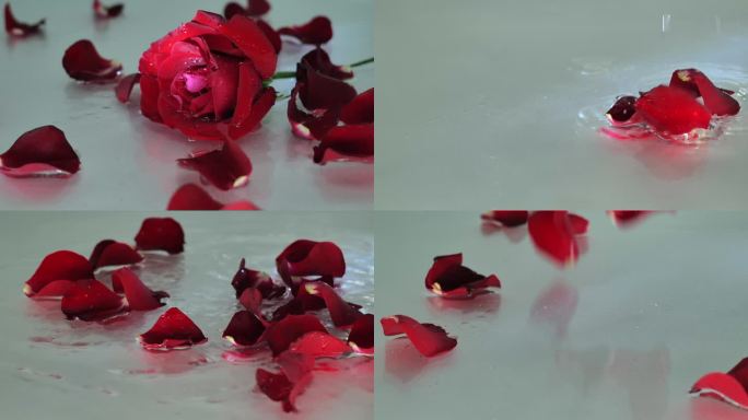 红色玫瑰花瓣落入水中升格素材
