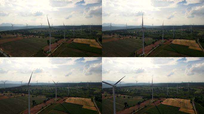 风能，可持续能源航拍田园风力发电机