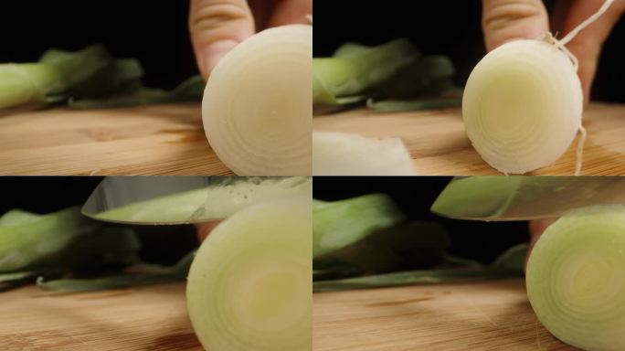 我正在把韭菜的根剪掉。多莉滑块极端特写。